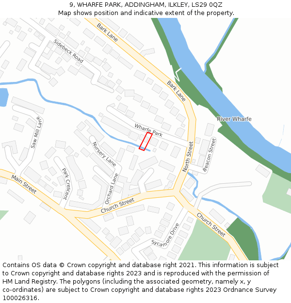 9, WHARFE PARK, ADDINGHAM, ILKLEY, LS29 0QZ: Location map and indicative extent of plot