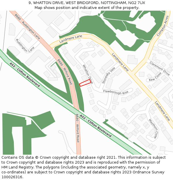 9, WHATTON DRIVE, WEST BRIDGFORD, NOTTINGHAM, NG2 7UX: Location map and indicative extent of plot