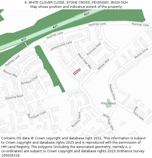 9, WHITE CLOVER CLOSE, STONE CROSS, PEVENSEY, BN24 5GH: Location map and indicative extent of plot