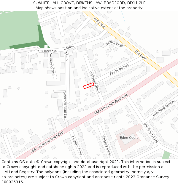 9, WHITEHALL GROVE, BIRKENSHAW, BRADFORD, BD11 2LE: Location map and indicative extent of plot