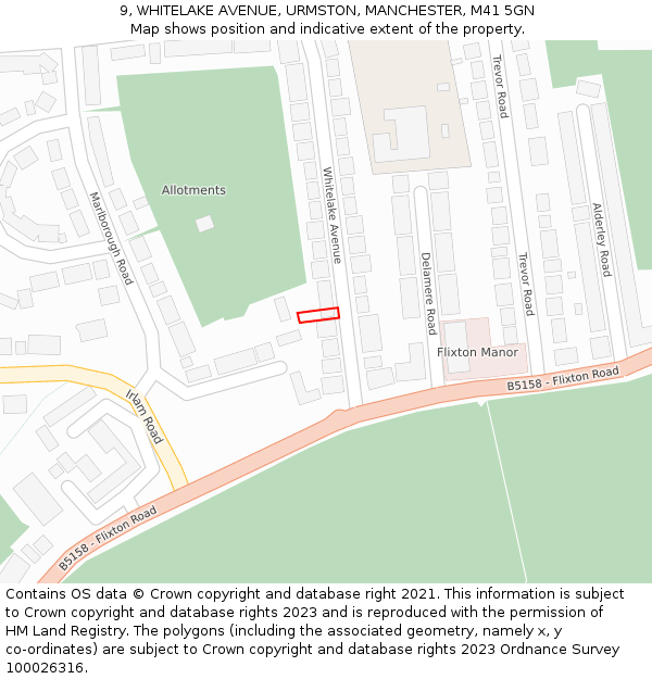 9, WHITELAKE AVENUE, URMSTON, MANCHESTER, M41 5GN: Location map and indicative extent of plot