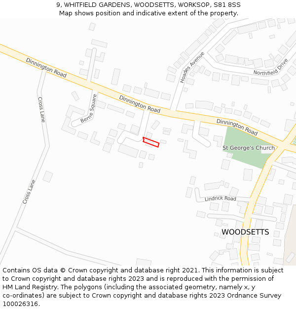9, WHITFIELD GARDENS, WOODSETTS, WORKSOP, S81 8SS: Location map and indicative extent of plot