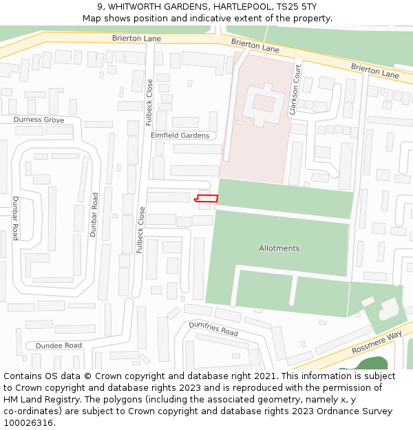 9, WHITWORTH GARDENS, HARTLEPOOL, TS25 5TY: Location map and indicative extent of plot