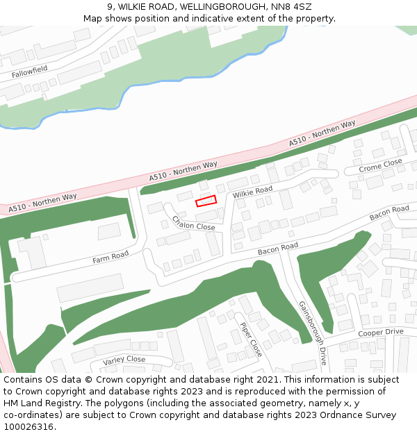 9, WILKIE ROAD, WELLINGBOROUGH, NN8 4SZ: Location map and indicative extent of plot