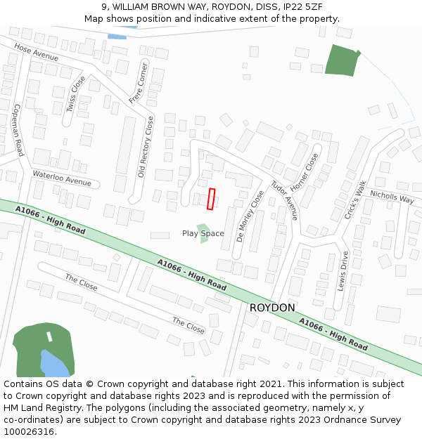 9, WILLIAM BROWN WAY, ROYDON, DISS, IP22 5ZF: Location map and indicative extent of plot