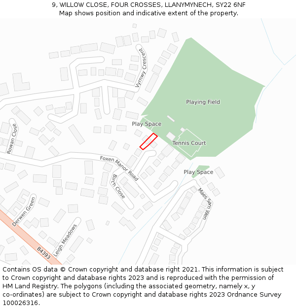 9, WILLOW CLOSE, FOUR CROSSES, LLANYMYNECH, SY22 6NF: Location map and indicative extent of plot