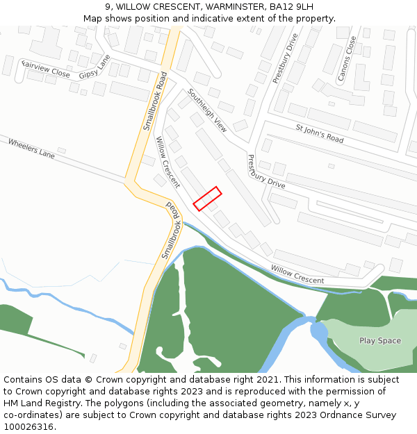 9, WILLOW CRESCENT, WARMINSTER, BA12 9LH: Location map and indicative extent of plot