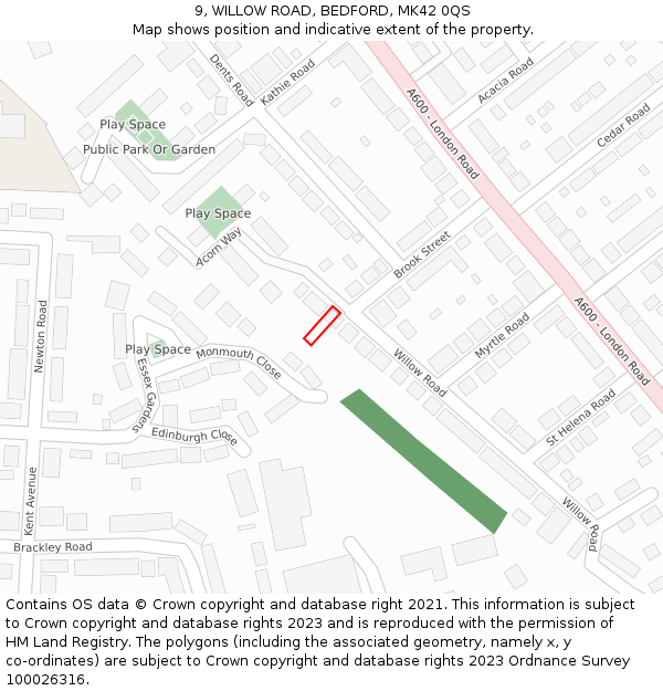 9, WILLOW ROAD, BEDFORD, MK42 0QS: Location map and indicative extent of plot