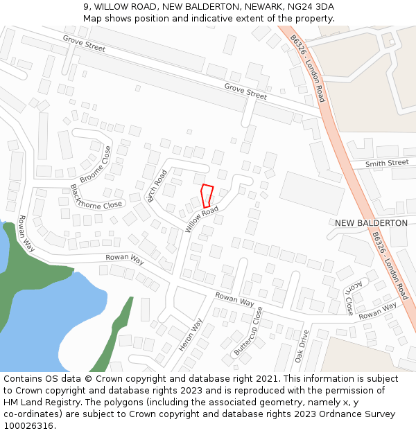 9, WILLOW ROAD, NEW BALDERTON, NEWARK, NG24 3DA: Location map and indicative extent of plot