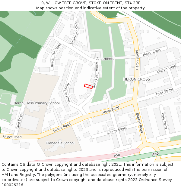 9, WILLOW TREE GROVE, STOKE-ON-TRENT, ST4 3BF: Location map and indicative extent of plot