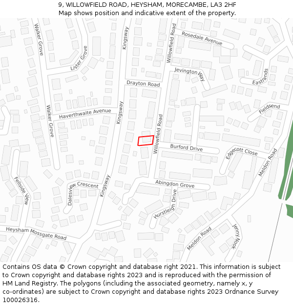 9, WILLOWFIELD ROAD, HEYSHAM, MORECAMBE, LA3 2HF: Location map and indicative extent of plot