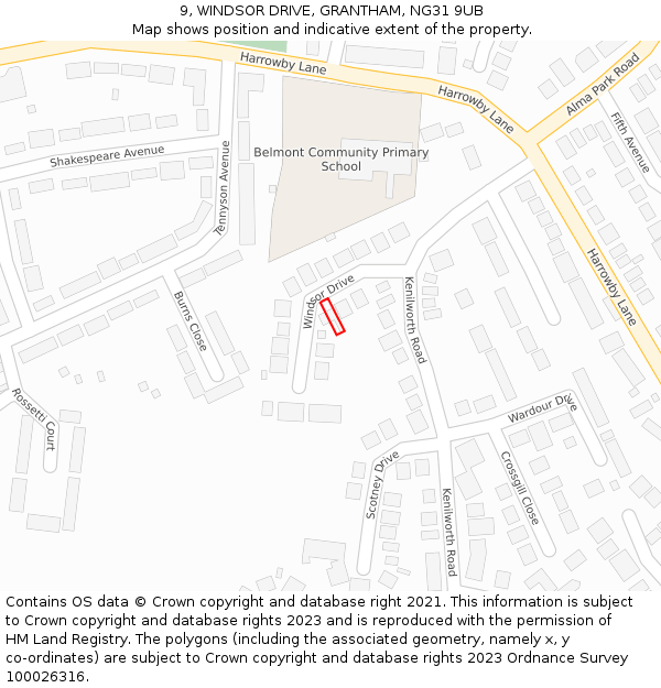 9, WINDSOR DRIVE, GRANTHAM, NG31 9UB: Location map and indicative extent of plot