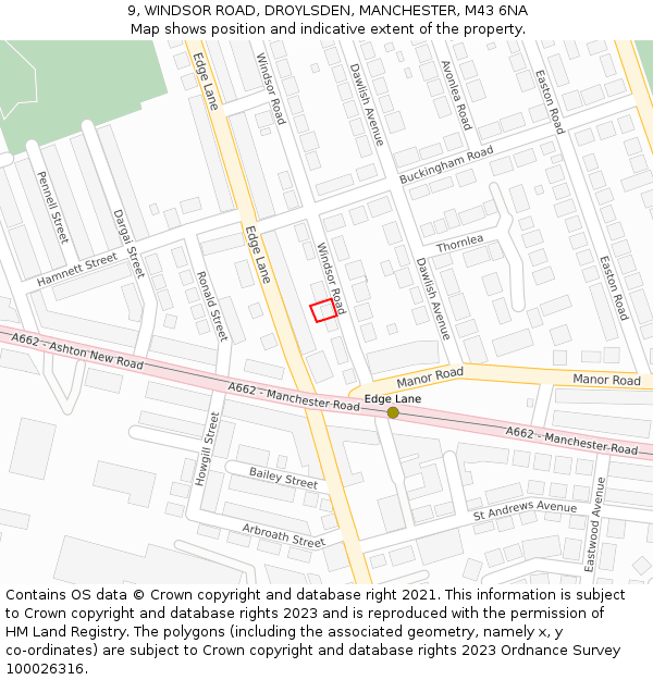 9, WINDSOR ROAD, DROYLSDEN, MANCHESTER, M43 6NA: Location map and indicative extent of plot