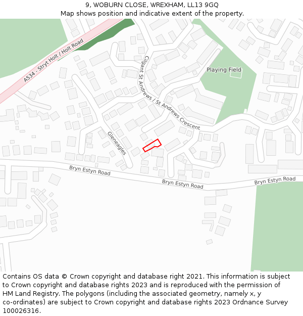 9, WOBURN CLOSE, WREXHAM, LL13 9GQ: Location map and indicative extent of plot