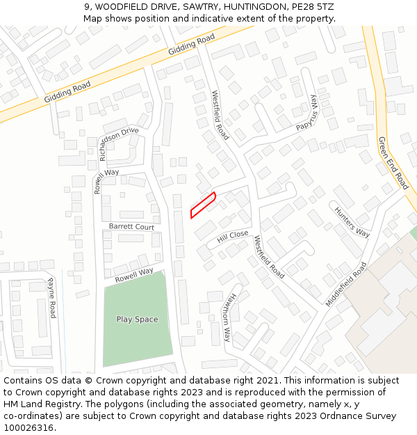 9, WOODFIELD DRIVE, SAWTRY, HUNTINGDON, PE28 5TZ: Location map and indicative extent of plot