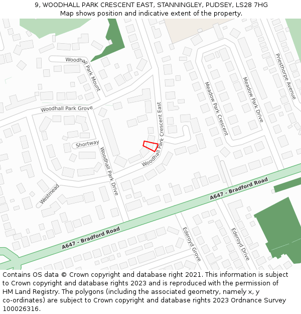 9, WOODHALL PARK CRESCENT EAST, STANNINGLEY, PUDSEY, LS28 7HG: Location map and indicative extent of plot