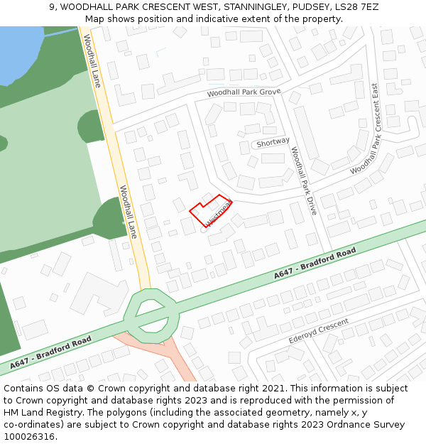 9, WOODHALL PARK CRESCENT WEST, STANNINGLEY, PUDSEY, LS28 7EZ: Location map and indicative extent of plot