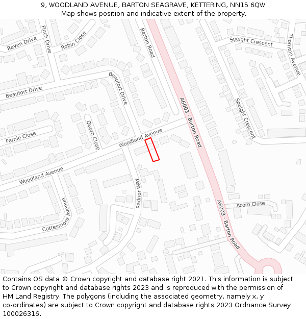 9, WOODLAND AVENUE, BARTON SEAGRAVE, KETTERING, NN15 6QW: Location map and indicative extent of plot