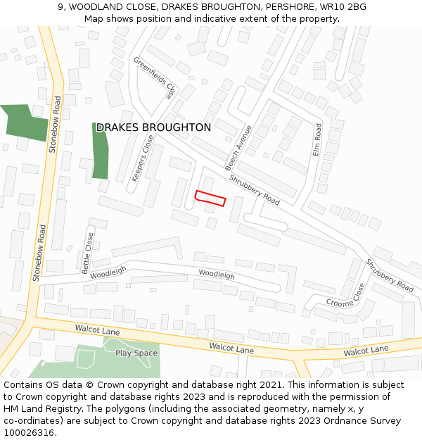 9, WOODLAND CLOSE, DRAKES BROUGHTON, PERSHORE, WR10 2BG: Location map and indicative extent of plot