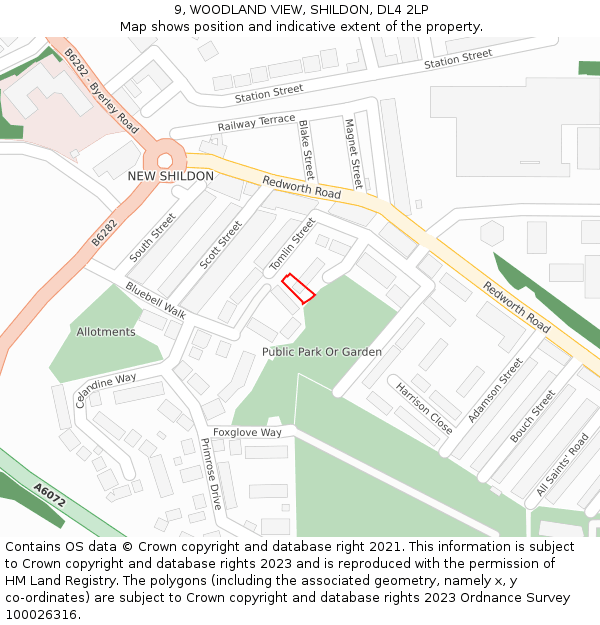 9, WOODLAND VIEW, SHILDON, DL4 2LP: Location map and indicative extent of plot