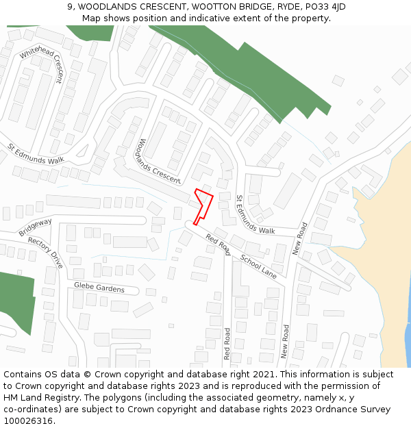 9, WOODLANDS CRESCENT, WOOTTON BRIDGE, RYDE, PO33 4JD: Location map and indicative extent of plot