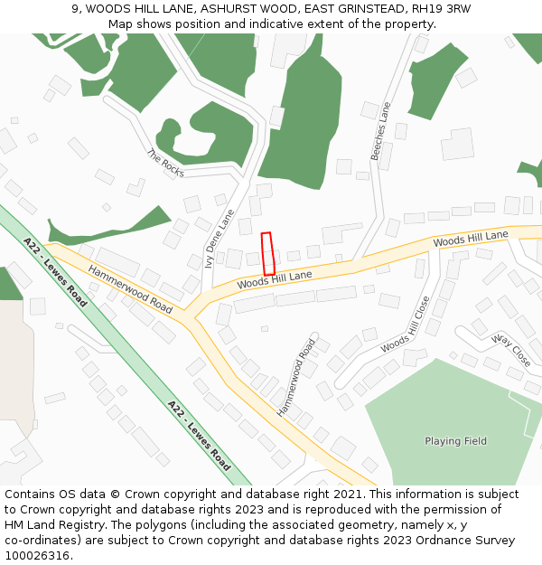 9, WOODS HILL LANE, ASHURST WOOD, EAST GRINSTEAD, RH19 3RW: Location map and indicative extent of plot