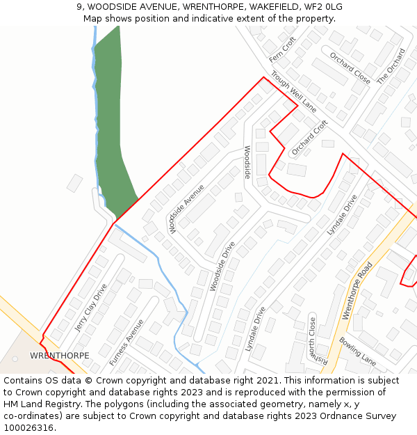 9, WOODSIDE AVENUE, WRENTHORPE, WAKEFIELD, WF2 0LG: Location map and indicative extent of plot