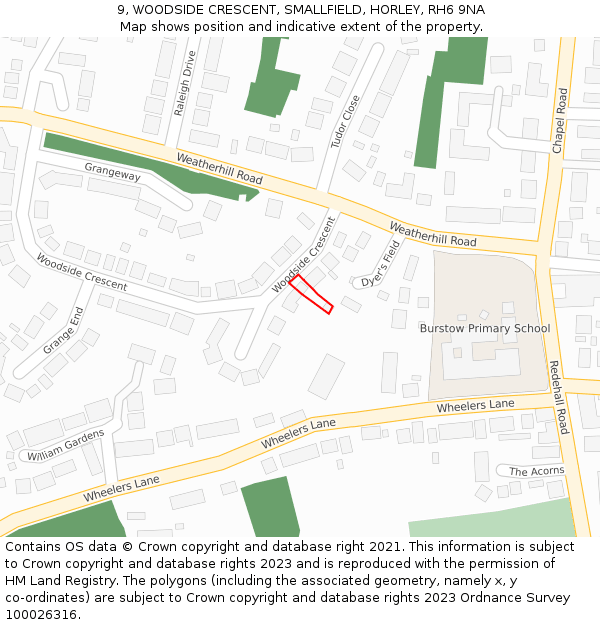 9, WOODSIDE CRESCENT, SMALLFIELD, HORLEY, RH6 9NA: Location map and indicative extent of plot