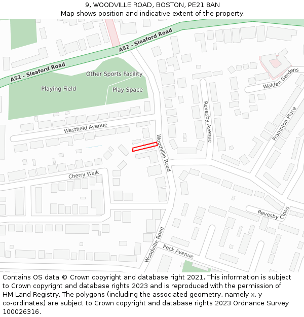 9, WOODVILLE ROAD, BOSTON, PE21 8AN: Location map and indicative extent of plot