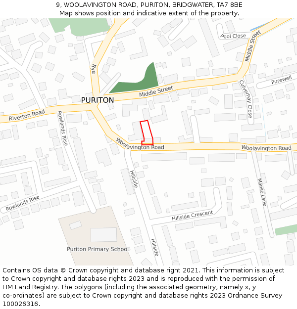 9, WOOLAVINGTON ROAD, PURITON, BRIDGWATER, TA7 8BE: Location map and indicative extent of plot