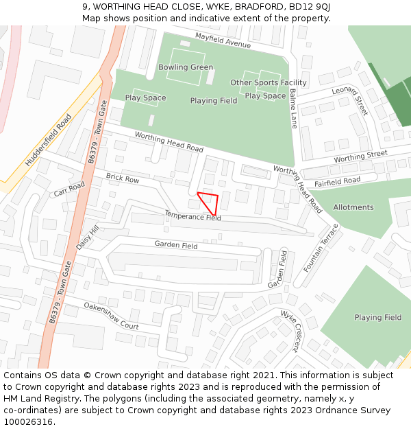 9, WORTHING HEAD CLOSE, WYKE, BRADFORD, BD12 9QJ: Location map and indicative extent of plot
