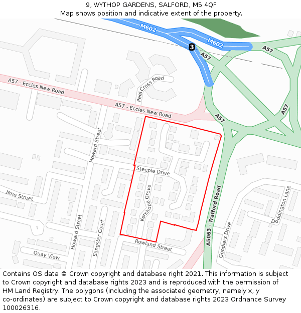 9, WYTHOP GARDENS, SALFORD, M5 4QF: Location map and indicative extent of plot