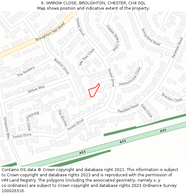 9, YARROW CLOSE, BROUGHTON, CHESTER, CH4 0QL: Location map and indicative extent of plot