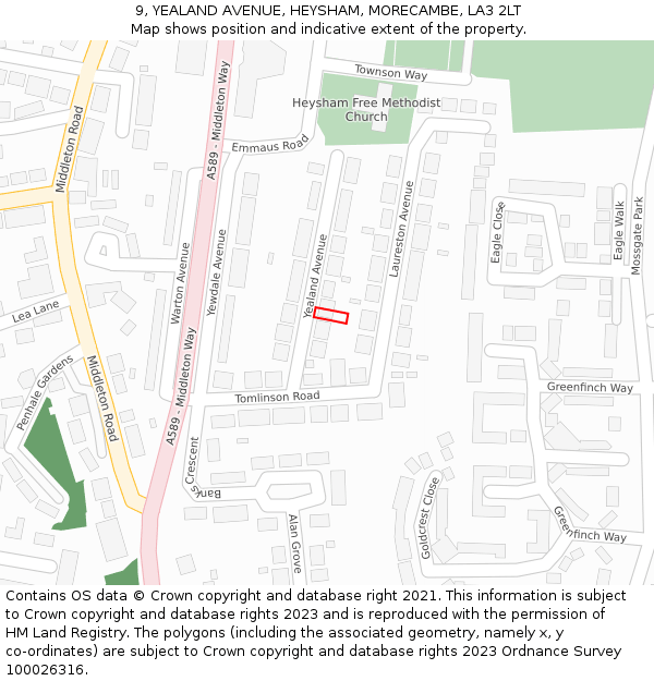 9, YEALAND AVENUE, HEYSHAM, MORECAMBE, LA3 2LT: Location map and indicative extent of plot