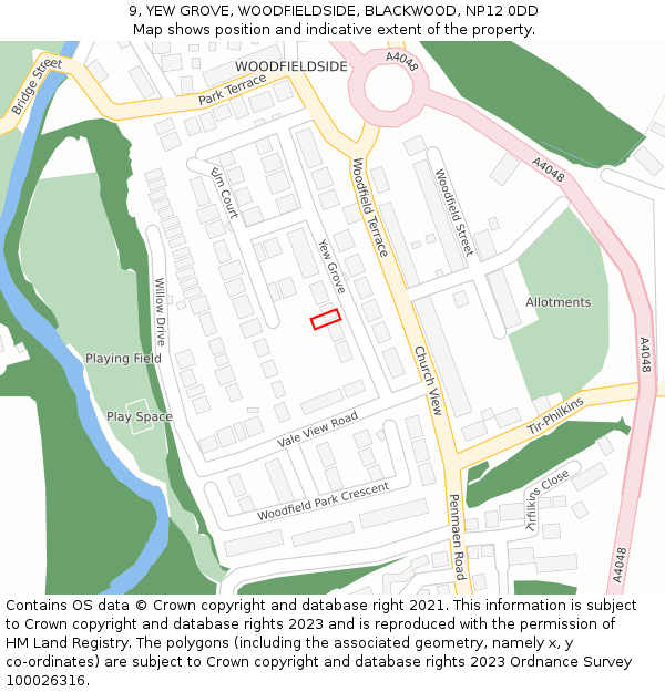 9, YEW GROVE, WOODFIELDSIDE, BLACKWOOD, NP12 0DD: Location map and indicative extent of plot
