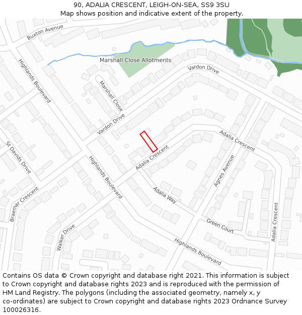 90, ADALIA CRESCENT, LEIGH-ON-SEA, SS9 3SU: Location map and indicative extent of plot