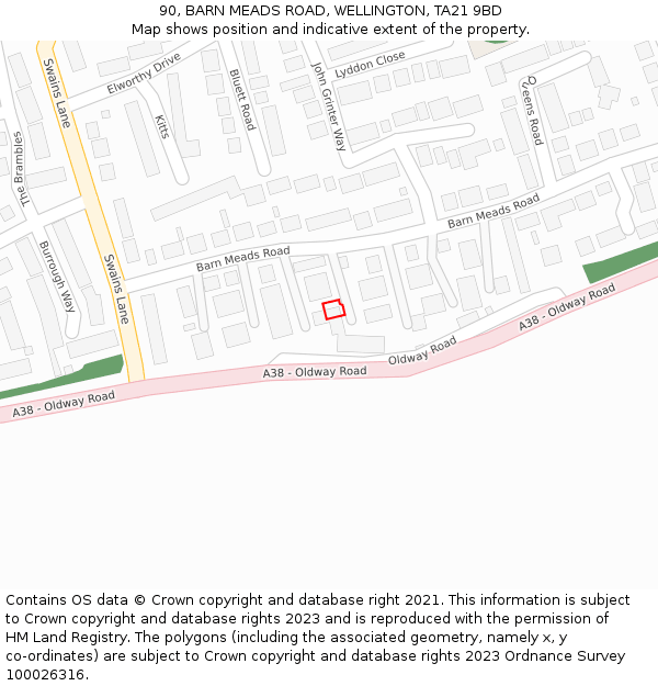90, BARN MEADS ROAD, WELLINGTON, TA21 9BD: Location map and indicative extent of plot