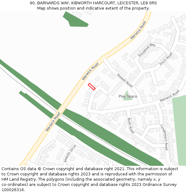 90, BARNARDS WAY, KIBWORTH HARCOURT, LEICESTER, LE8 0RS: Location map and indicative extent of plot