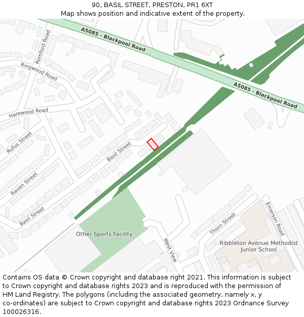 90, BASIL STREET, PRESTON, PR1 6XT: Location map and indicative extent of plot