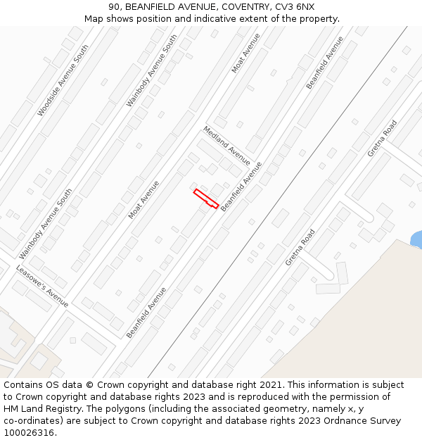 90, BEANFIELD AVENUE, COVENTRY, CV3 6NX: Location map and indicative extent of plot