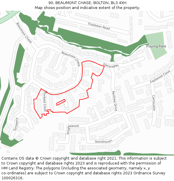 90, BEAUMONT CHASE, BOLTON, BL3 4XH: Location map and indicative extent of plot
