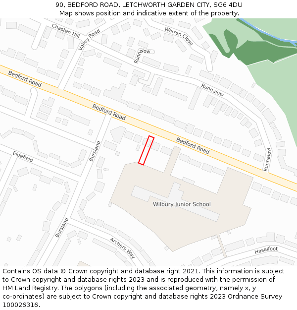 90, BEDFORD ROAD, LETCHWORTH GARDEN CITY, SG6 4DU: Location map and indicative extent of plot