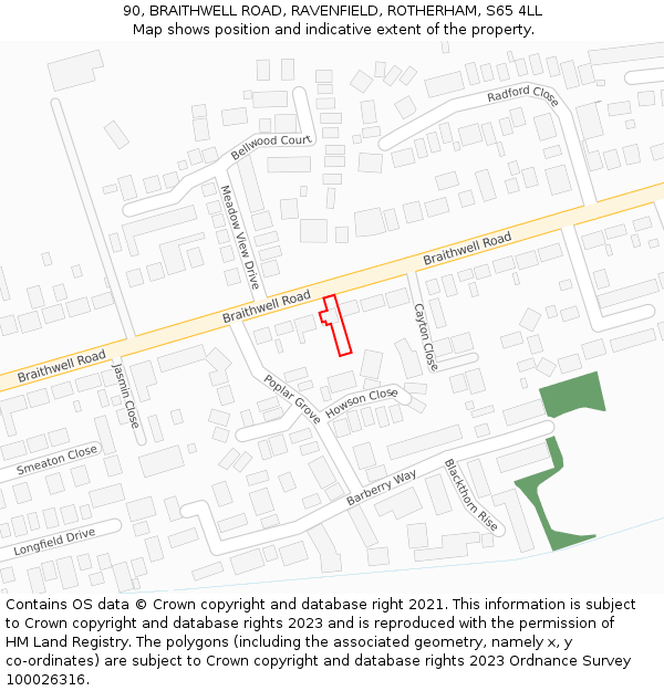 90, BRAITHWELL ROAD, RAVENFIELD, ROTHERHAM, S65 4LL: Location map and indicative extent of plot