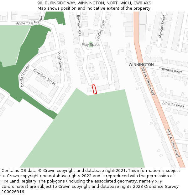 90, BURNSIDE WAY, WINNINGTON, NORTHWICH, CW8 4XS: Location map and indicative extent of plot