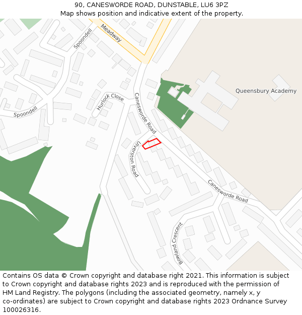 90, CANESWORDE ROAD, DUNSTABLE, LU6 3PZ: Location map and indicative extent of plot