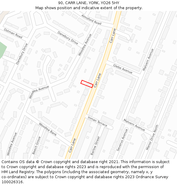 90, CARR LANE, YORK, YO26 5HY: Location map and indicative extent of plot