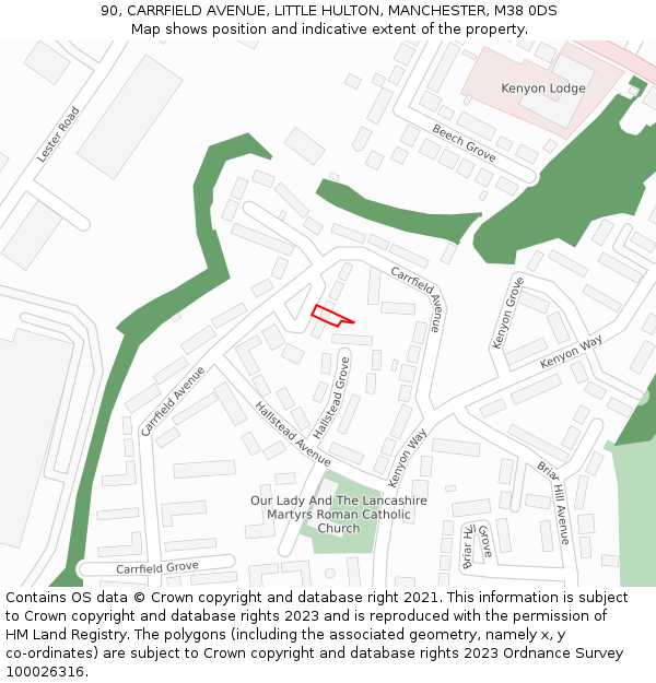 90, CARRFIELD AVENUE, LITTLE HULTON, MANCHESTER, M38 0DS: Location map and indicative extent of plot