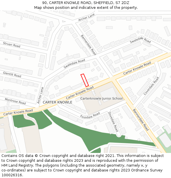 90, CARTER KNOWLE ROAD, SHEFFIELD, S7 2DZ: Location map and indicative extent of plot