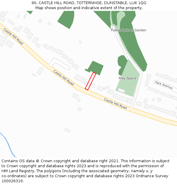 90, CASTLE HILL ROAD, TOTTERNHOE, DUNSTABLE, LU6 1QG: Location map and indicative extent of plot