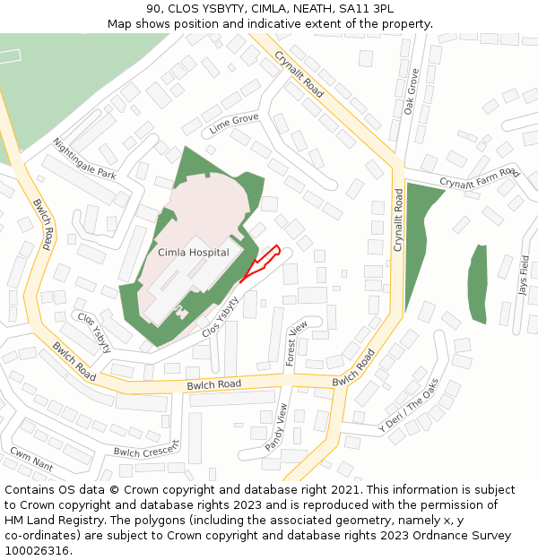 90, CLOS YSBYTY, CIMLA, NEATH, SA11 3PL: Location map and indicative extent of plot